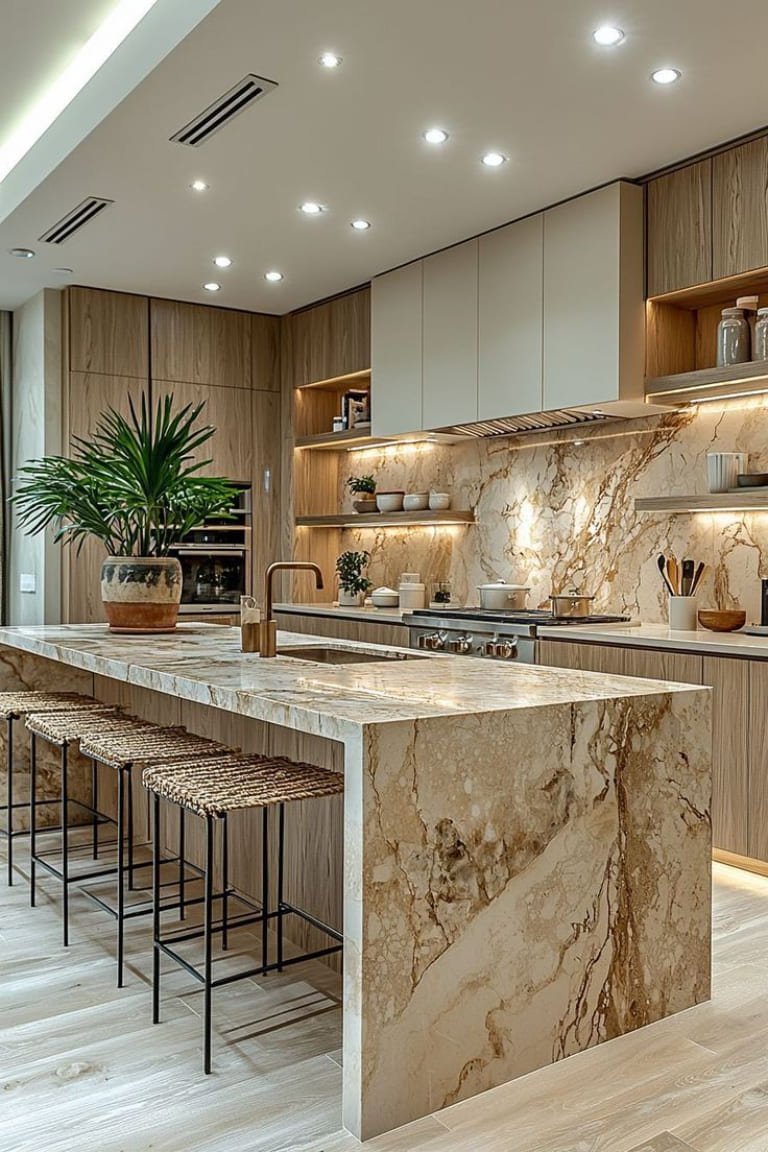 Báo giá kính bếp vân đá sang trọng đa dạng mẫu mã 6 kính bếp vân đá trắng kết hợp nội thất gỗ